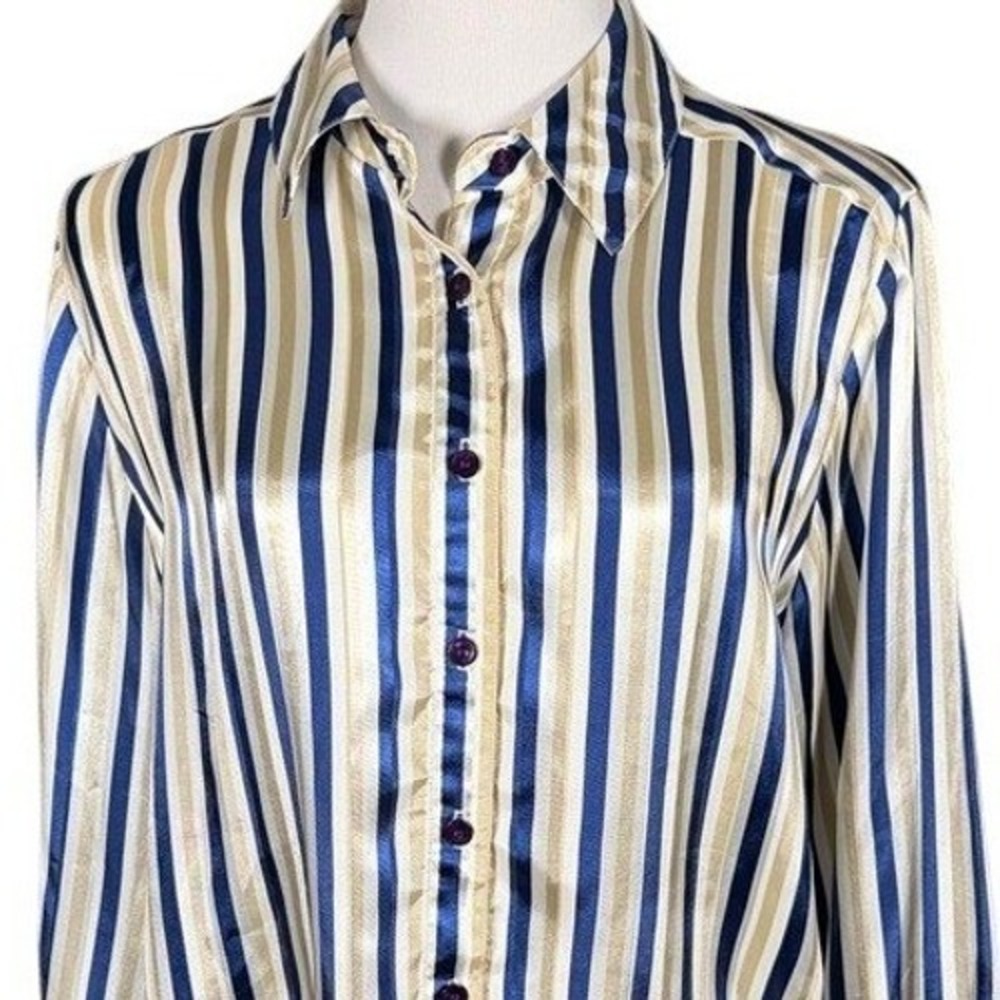 Da-Rue Drapers & Damons Womens Navy Blue Gold Striped Satin Button Down Shirt